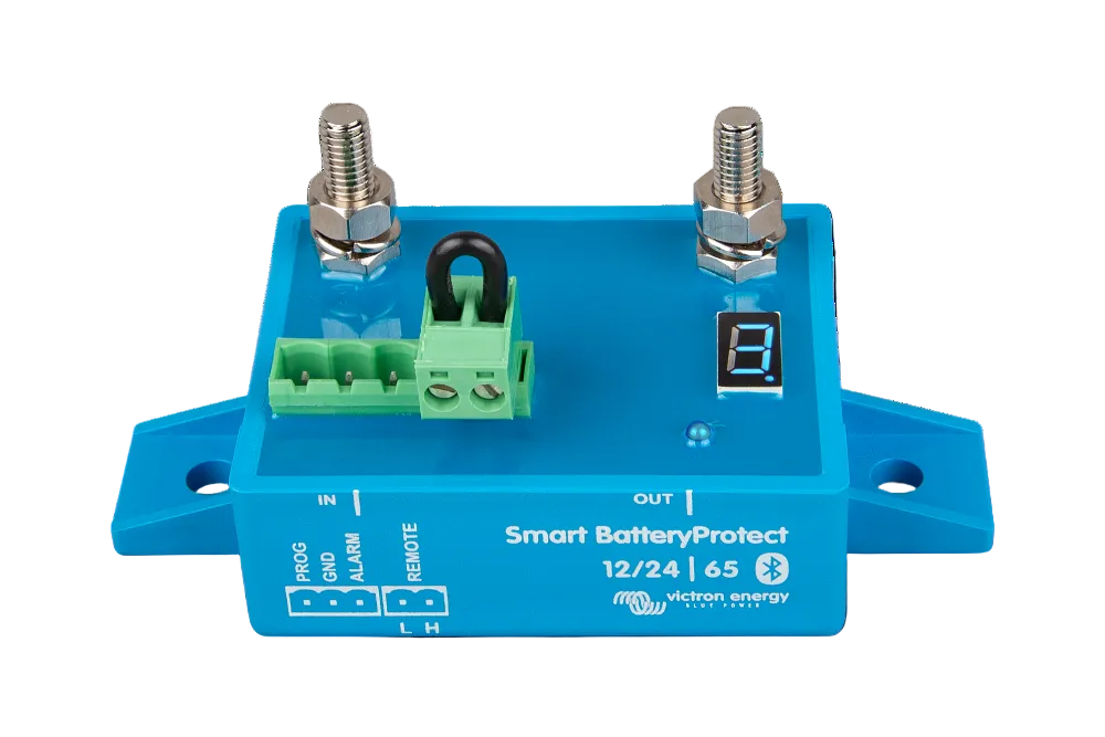 Blue electronic module labeled 'Smart BatteryProtect' with connectors and display on a white background