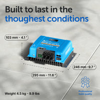 Blue electronic device with dimensions and weight information on a gray background