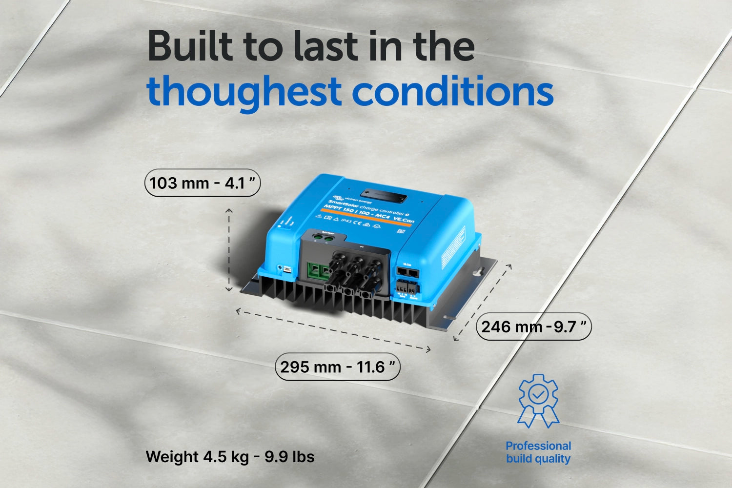 Blue electronic device with dimensions and weight information on a gray background