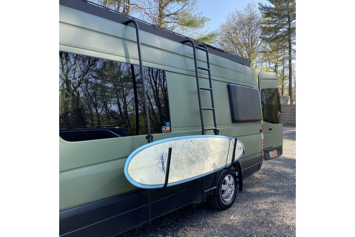 170 sprinter with sprinter stealth+ roof rack with side ladder, board pole, and universal board hooks