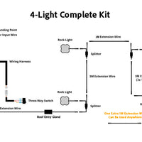 A wiring diagram for a 4-light complete kit, showing how to connect power input wire, extension wires, splitters, a three-way switch, and roof entry ground points on a white background.