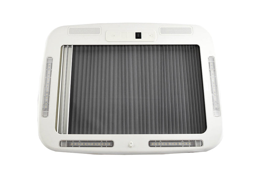 Internal components of the Arctic Tern Electric Roof Hatch, showcasing integrated 12V LED lights, and closed retractable fly screen and blackout blind.