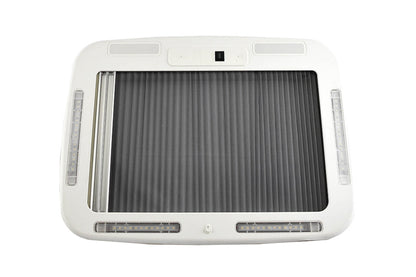 Internal components of the Arctic Tern Electric Roof Hatch, showcasing integrated 12V LED lights, and closed retractable fly screen and blackout blind.