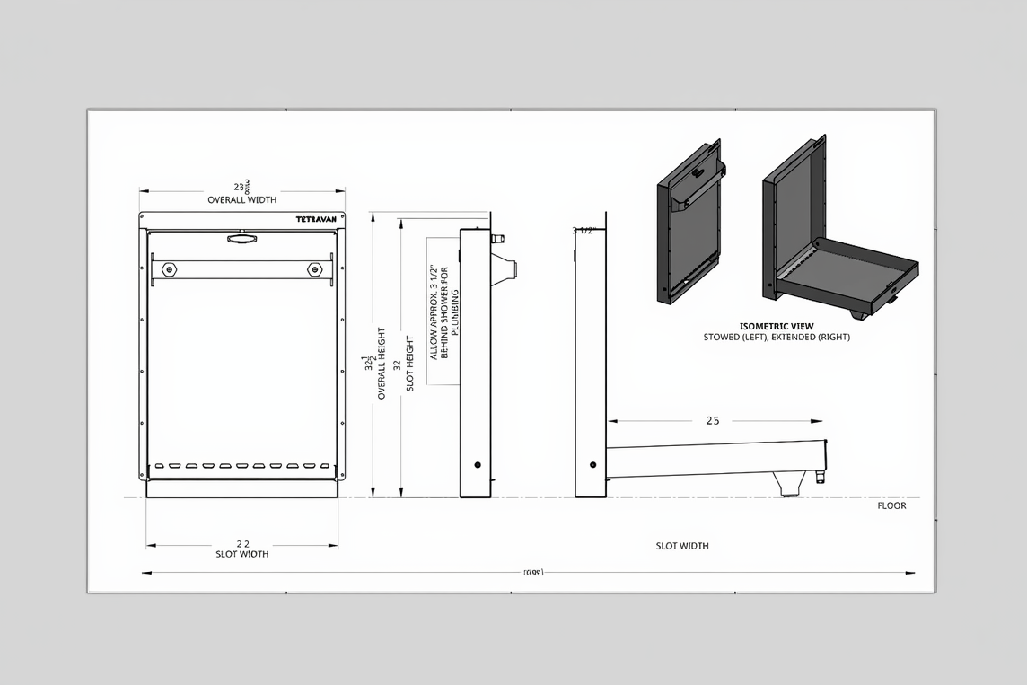 Technical drawing of tetravan patented fold down shower with dimensions and views
