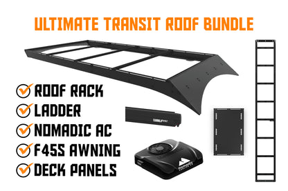 Ultimate ford transit roof bundle with roof rack, ladder, air conditioner, F45s awning, and modular deck panels