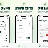 VELIT mobile app showing AC controls, settings, and quick pairing features for remote air conditioner and heater control