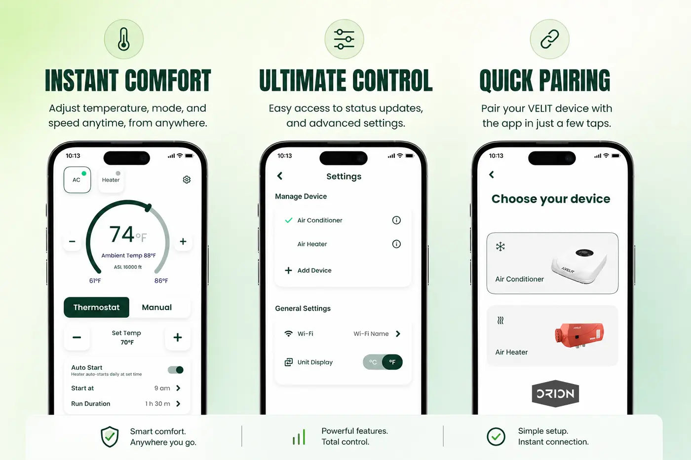 VELIT mobile app showing AC controls, settings, and quick pairing features for remote air conditioner and heater control