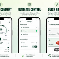 Smart home device app interface with temperature control, settings, and device pairing on a green background.