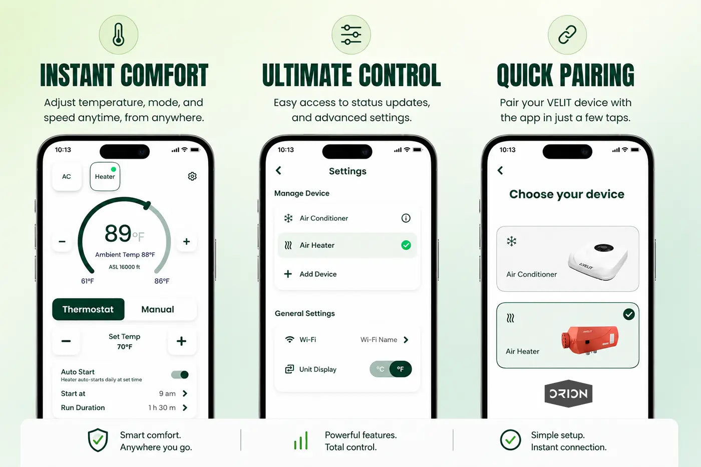 Smart home device app interface with temperature control, settings, and device pairing on a green background.