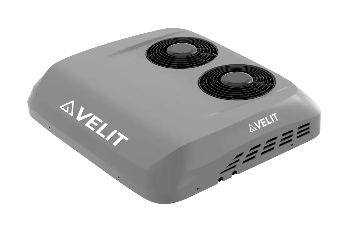 VELIT V3 rooftop air conditioner in gray with dual top fans and low-profile exterior housing