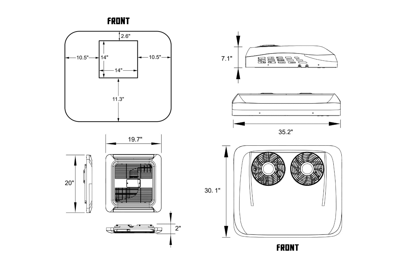 VELIT V3 rooftop air conditioner technical dimensions showing roof unit size, height, interior vent panel, and cutout measurements