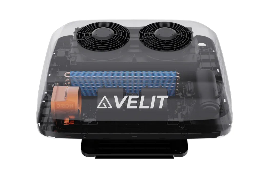 Transparent view of the VELIT V3 rooftop air conditioner showing internal components, condenser, dual fans, and built-in ventilation system