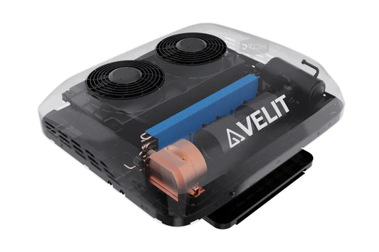 Side cutaway view of the VELIT V3 rooftop air conditioner showing the built-in exhaust fan, condenser, and internal airflow components
