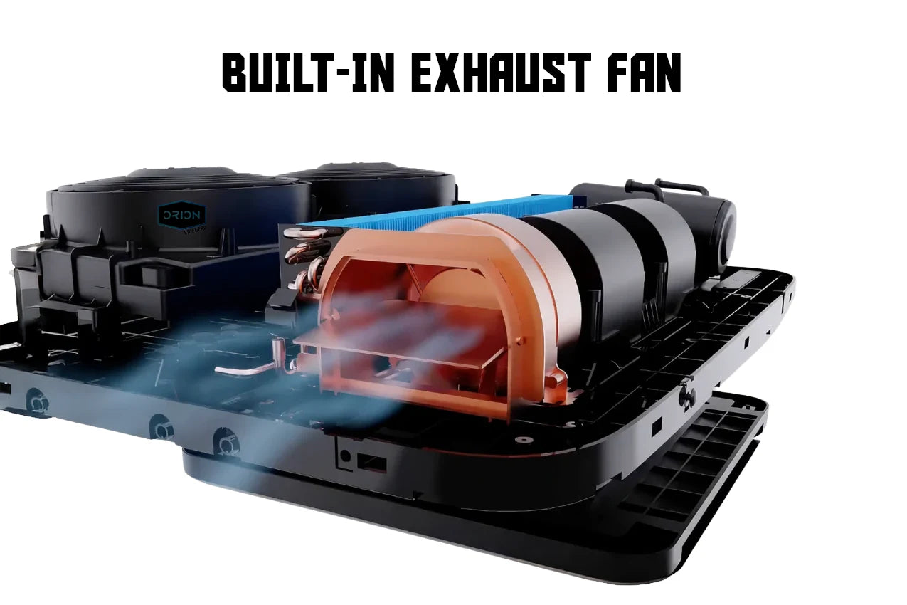 VELIT V3 Built-In Exhaust Fan detail showing internal fan assembly and airflow inside the rooftop air conditioner