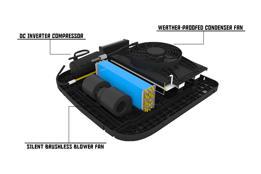 VELIT 2000R air conditioner detailing features like dc inverter compressor, weather proofed condenser fan, and silent blower