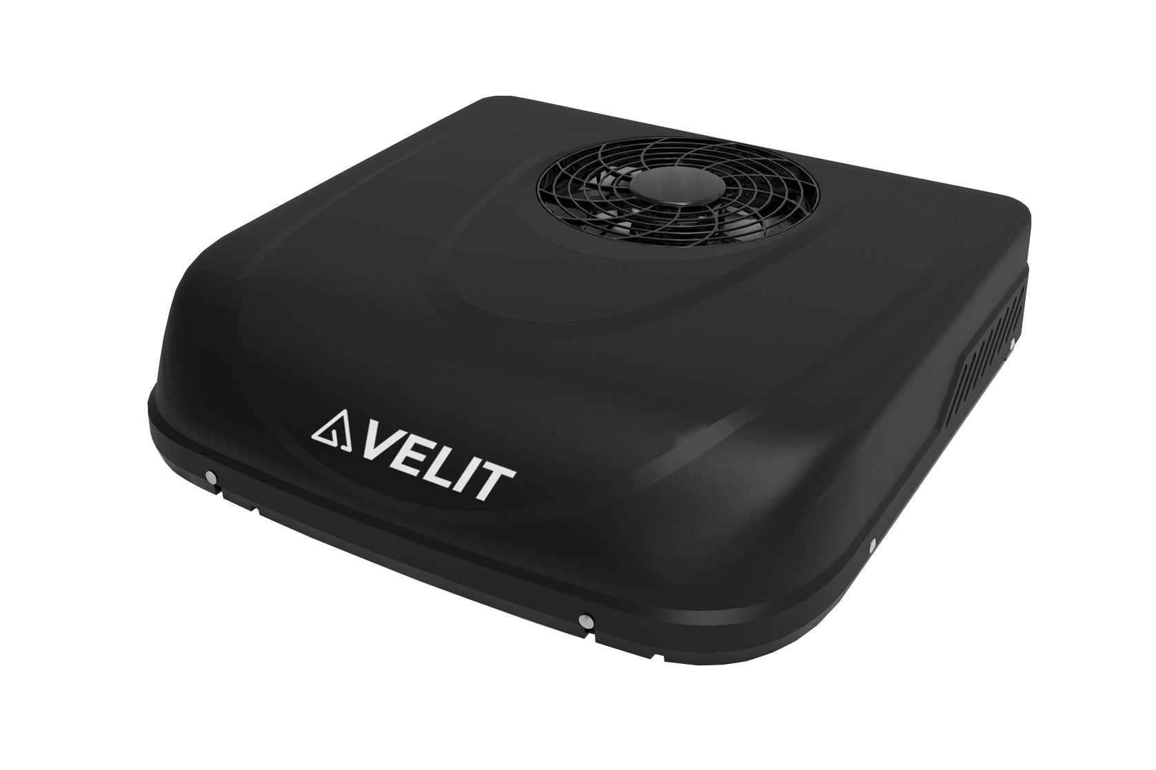 Black VELIT 2000R DC-powered rooftop air conditioner mounted on a van, highlighting its sleek design and efficient cooling capabilities