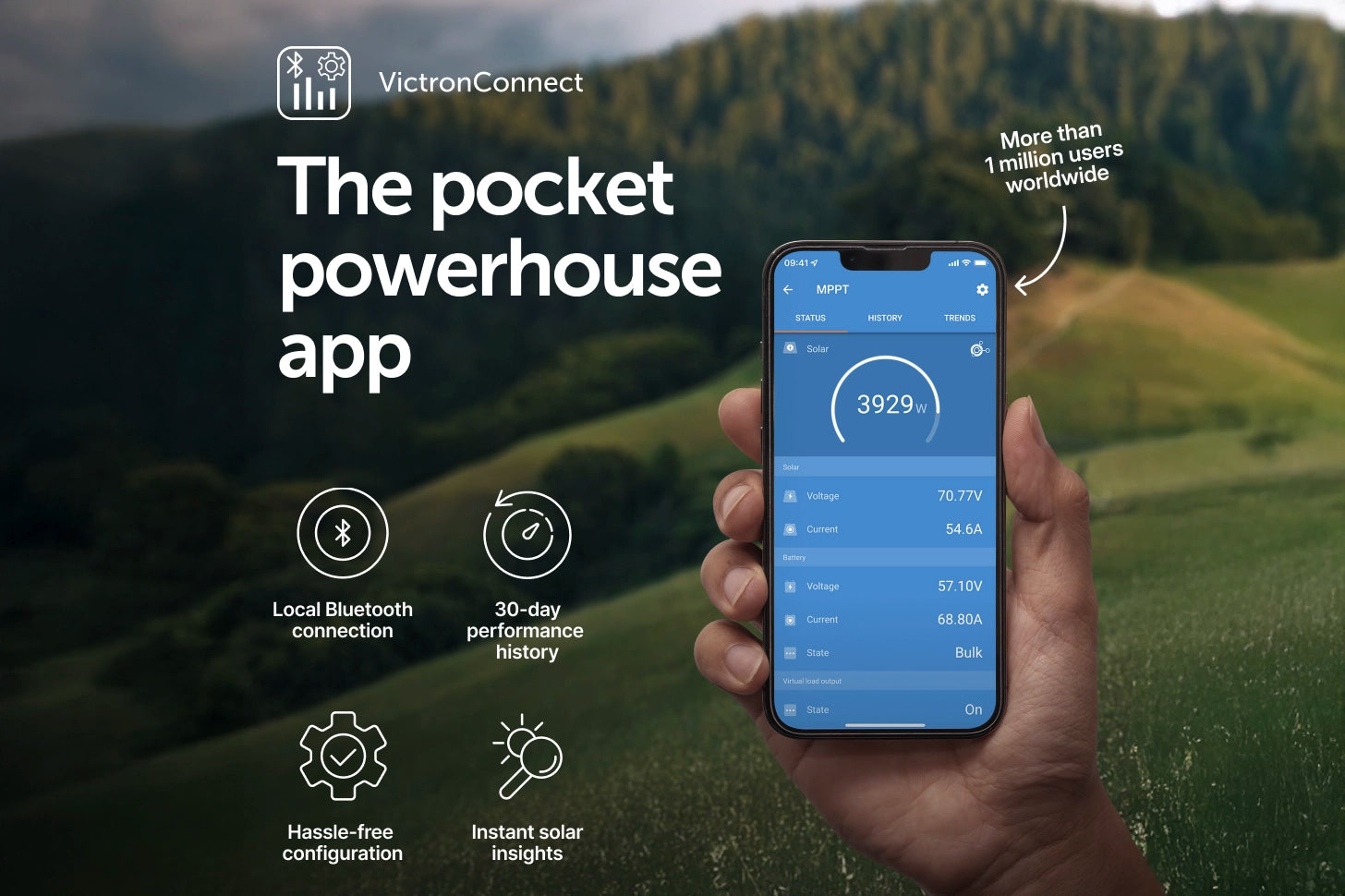 Hand holding a smartphone displaying the VictronConnect app with a scenic background