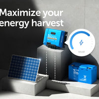 Solar panels, battery, and energy harvest system with text 'Maximize your energy harvest' on a gray background.