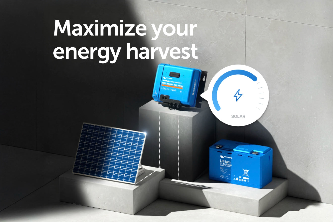 Solar panels, battery, and energy harvest system with text 'Maximize your energy harvest' on a gray background.