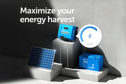 Solar panels, battery, and energy harvest system with text 'Maximize your energy harvest' on a gray background.