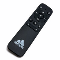 Black remote control with Nomadic Lifestyle logo on a white background