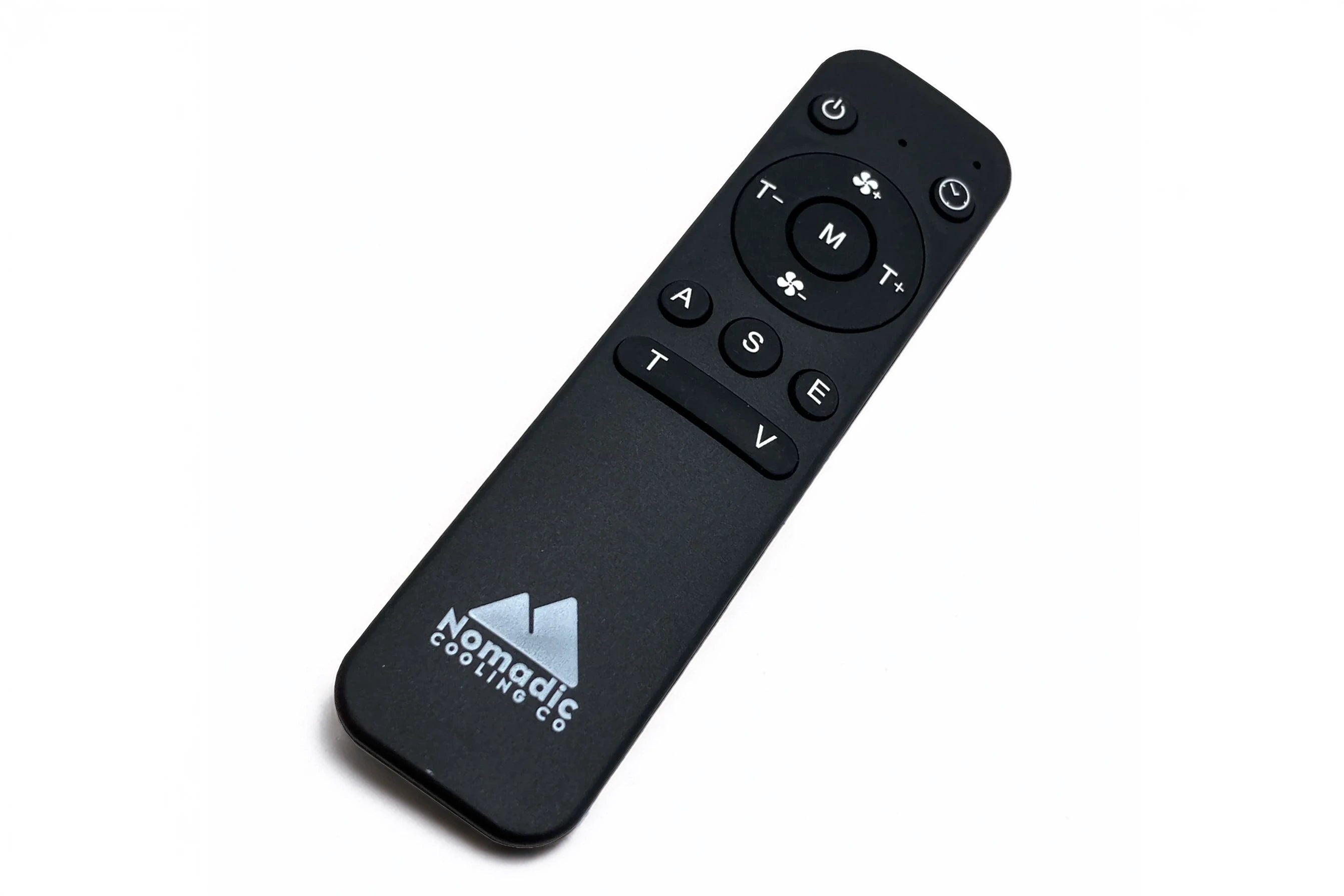 Black remote control with Nomadic Lifestyle logo on a white background