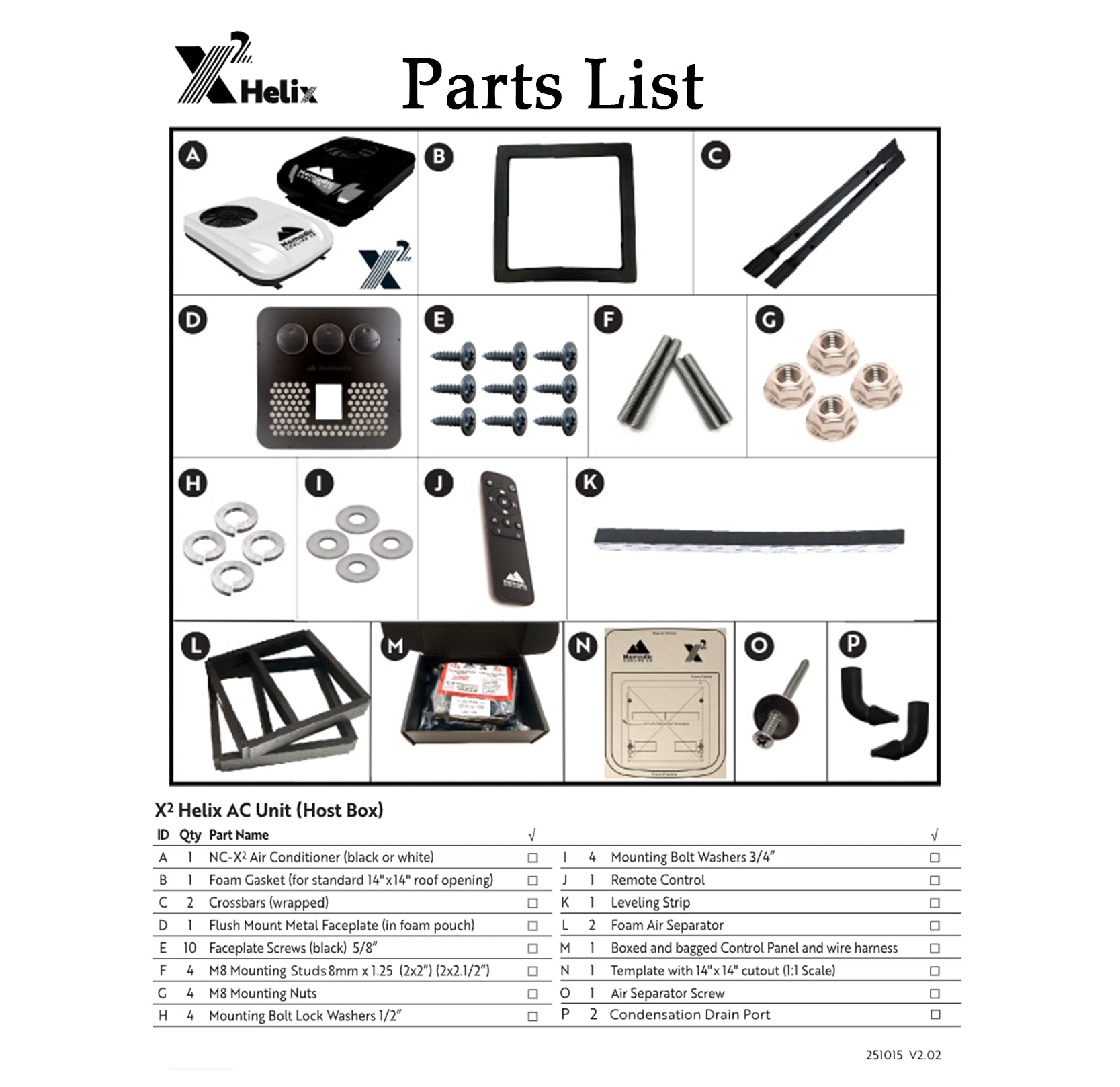 Parts list for X2 Helix AC unit with labeled components on a white background