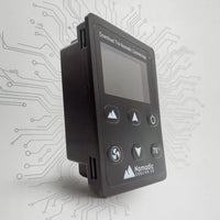 Helix LCD control panel close-up showing temperature and modes, PWM compressor control for steady off-grid cooling