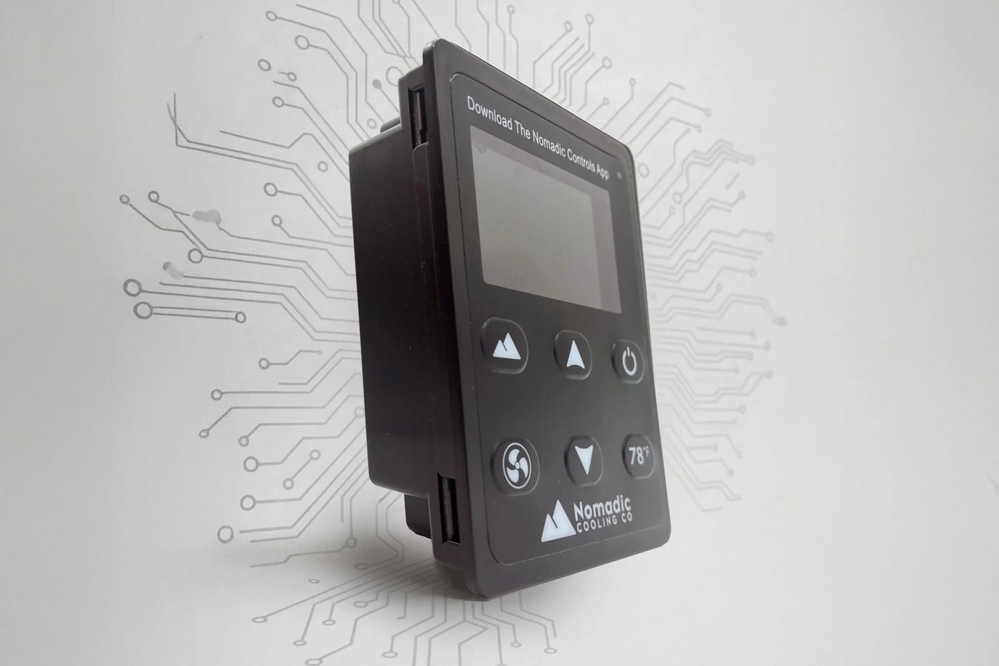 Helix LCD control panel close-up showing temperature and modes, PWM compressor control for steady off-grid cooling