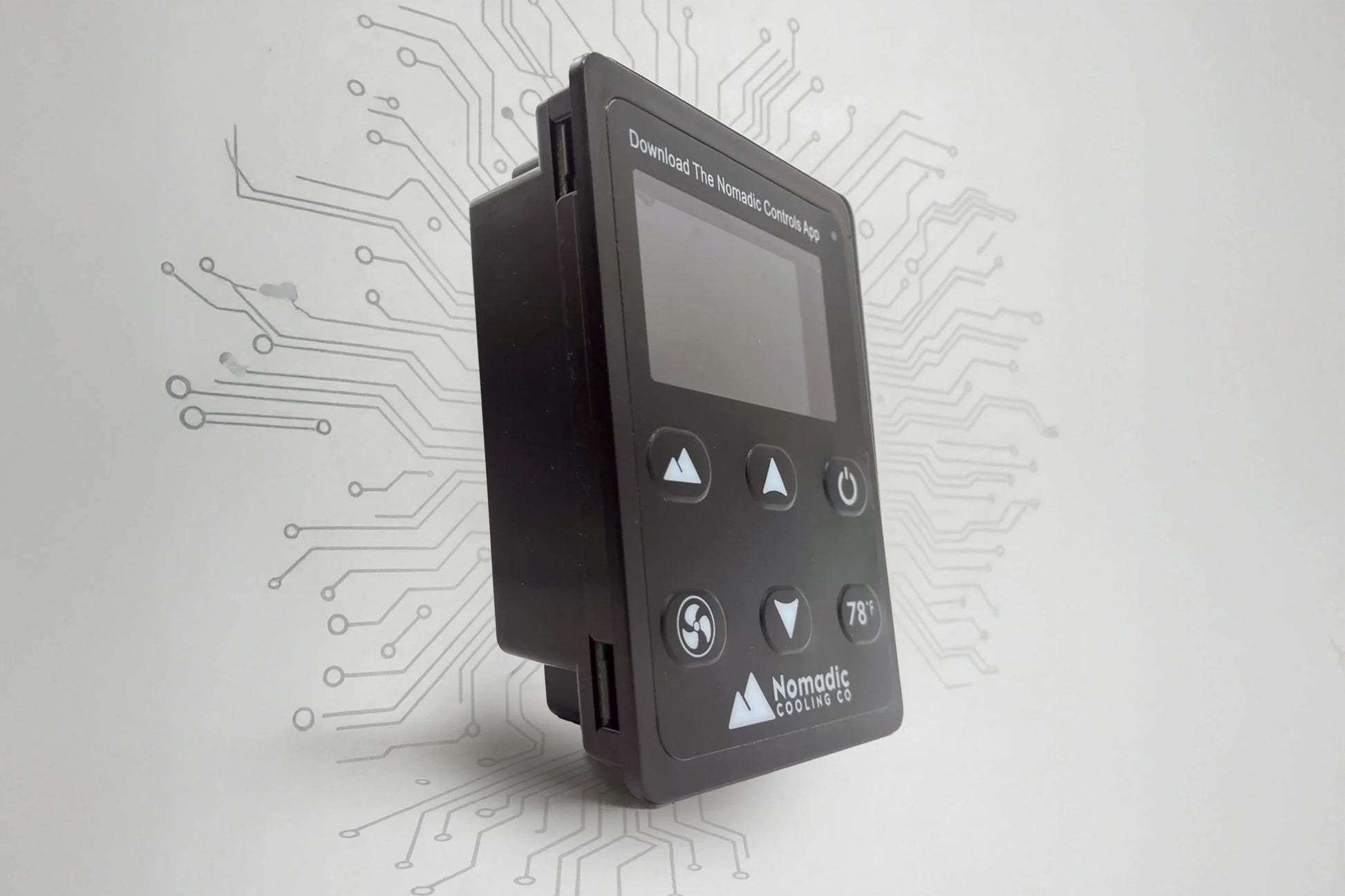 Helix LCD control panel close-up showing temperature and modes, PWM compressor control for steady off-grid cooling