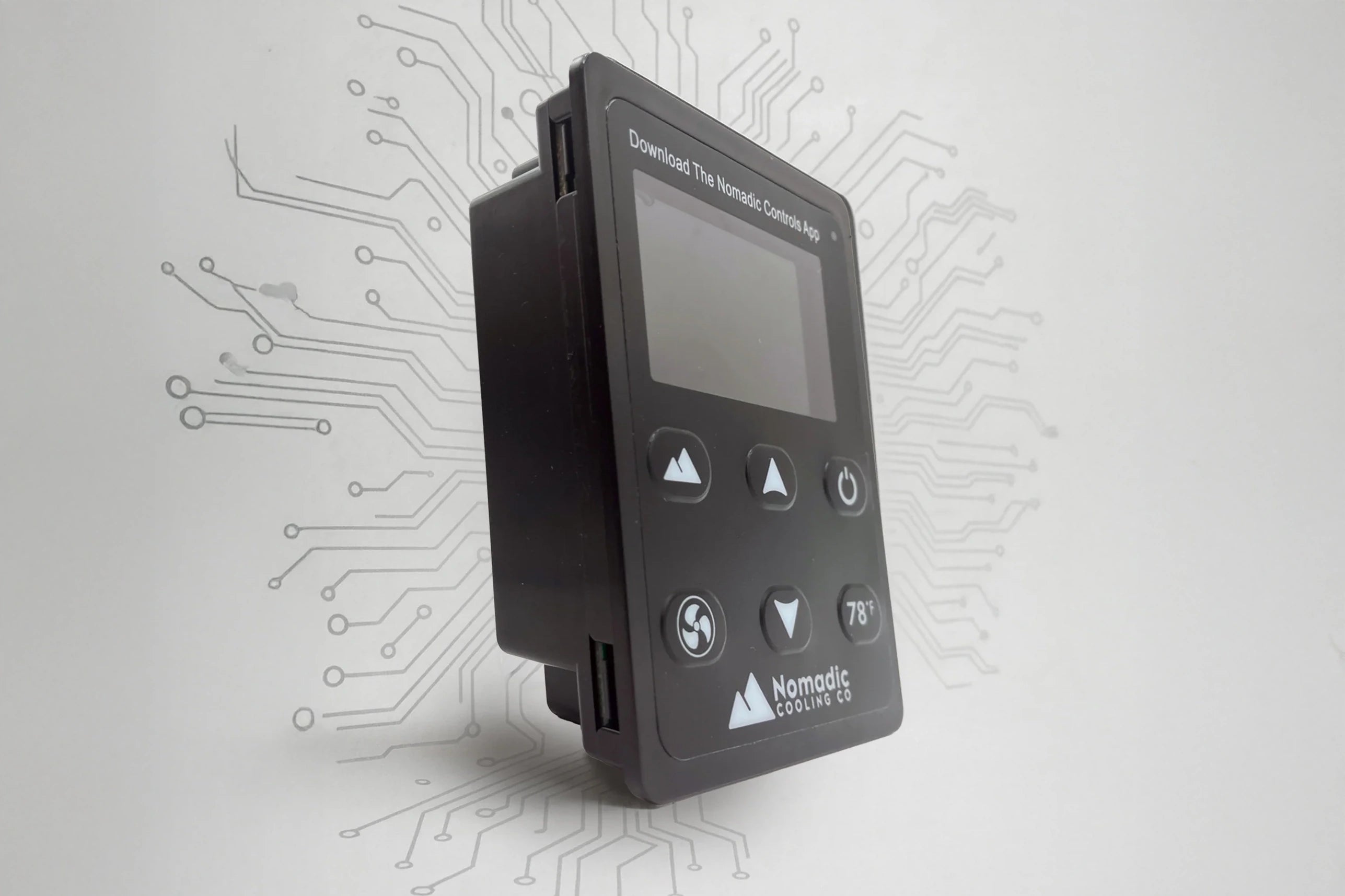 Helix LCD control panel close-up showing temperature and modes, PWM compressor control for steady off-grid cooling