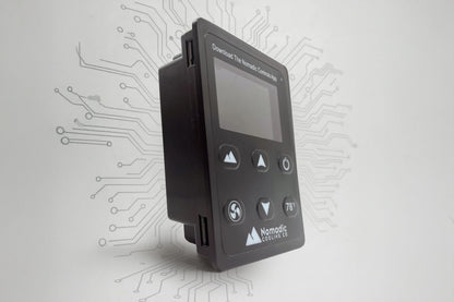 Helix LCD control panel close-up showing temperature and modes, PWM compressor control for steady off-grid cooling
