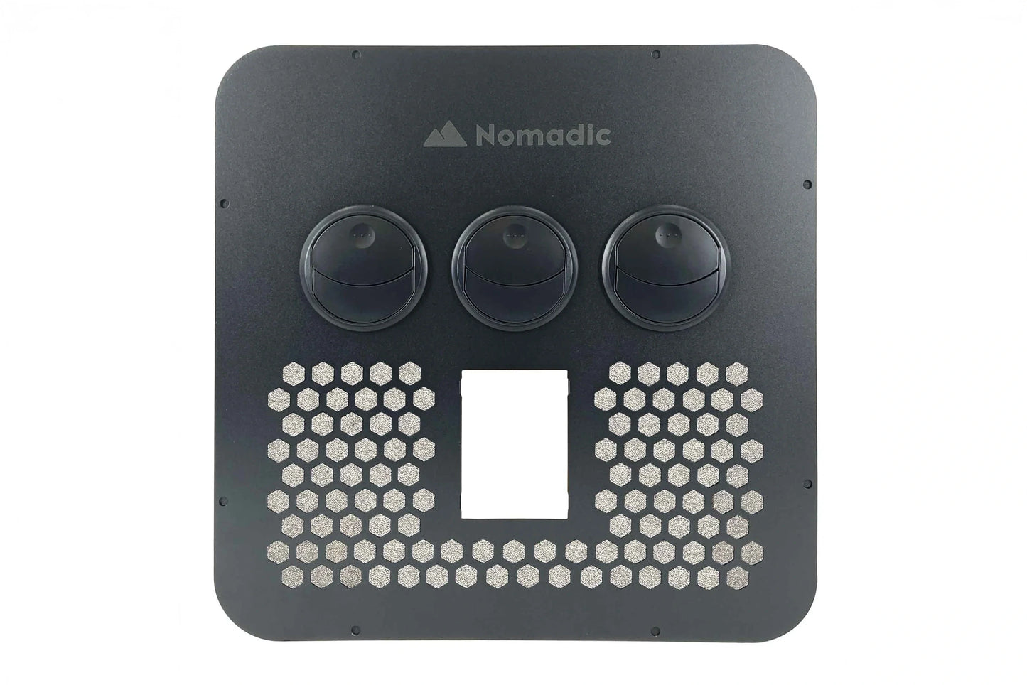 Black metal bracket with three circular holes and a rectangular cutout, featuring the 'Nomadic' brand logo.