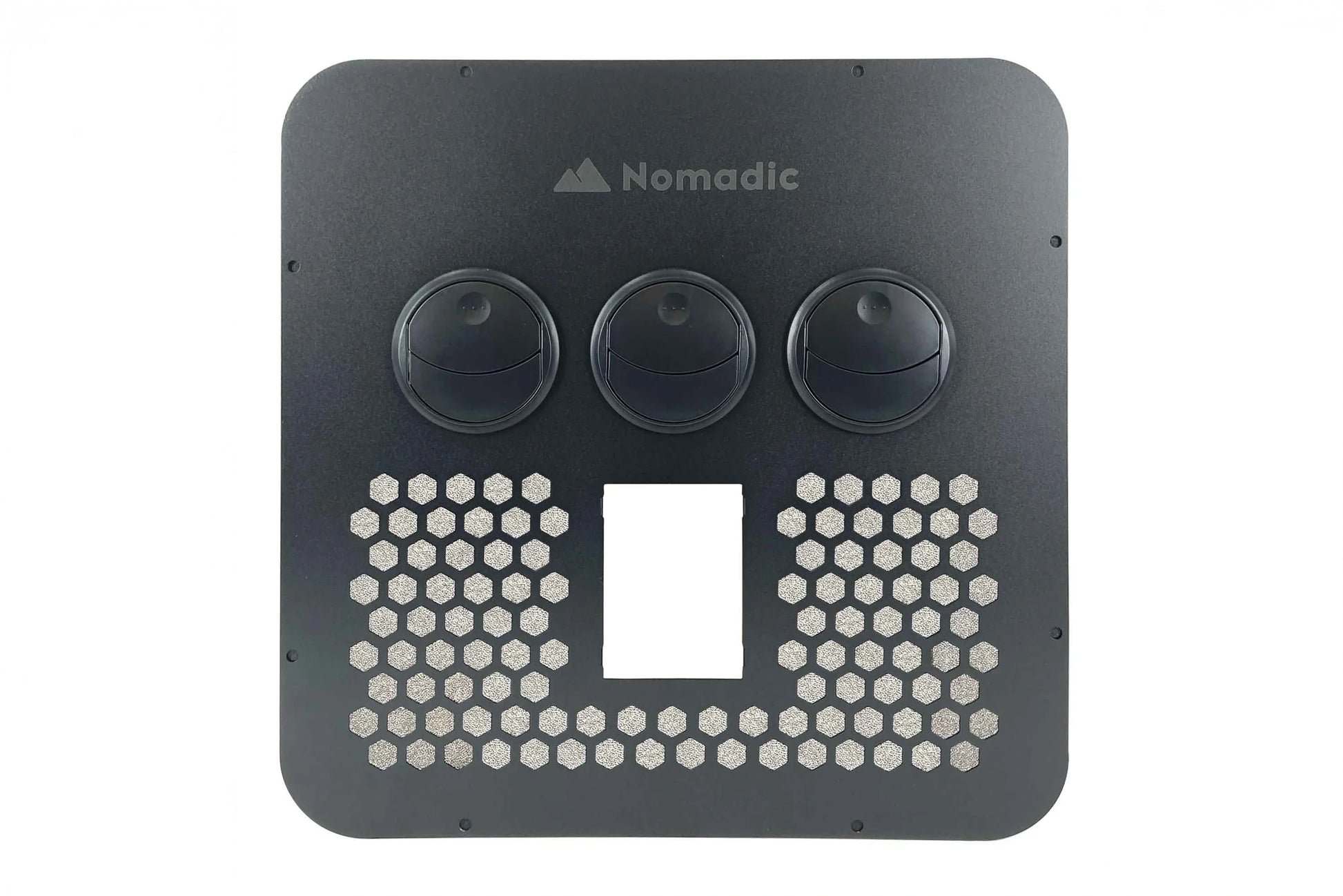Black metal bracket with three circular holes and a rectangular cutout, featuring the 'Nomadic' brand logo.
