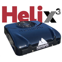 Nomadic X3 Helix 12V/48V DC rooftop air conditioner with low-profile black shroud, 14×14 fit