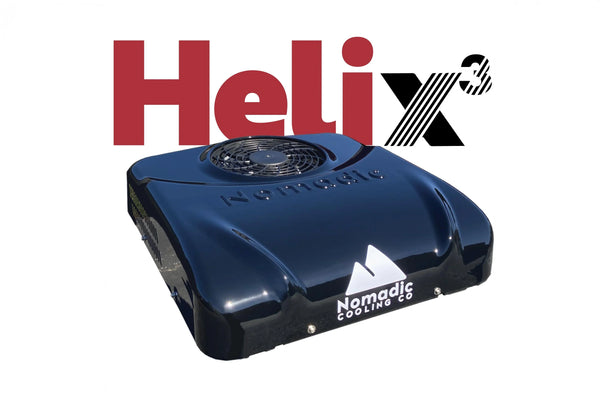 Nomadic X3 Helix 12V/48V DC rooftop air conditioner with low-profile black shroud, 14×14 fit