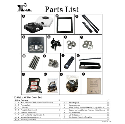 Parts list for X3 Helix AC Unit with various components displayed.