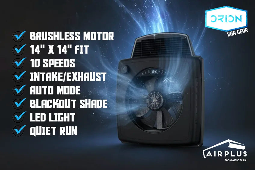 nomadicark air plus fan with features listed on a dark background, featuring the Orion Van Gear logo.