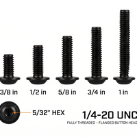 Orion Van Gear black 316 stainless steel 1/4-20 flanged button head socket screws showing key product advantages and 5 available lengths from 3/8 in to 1 in.