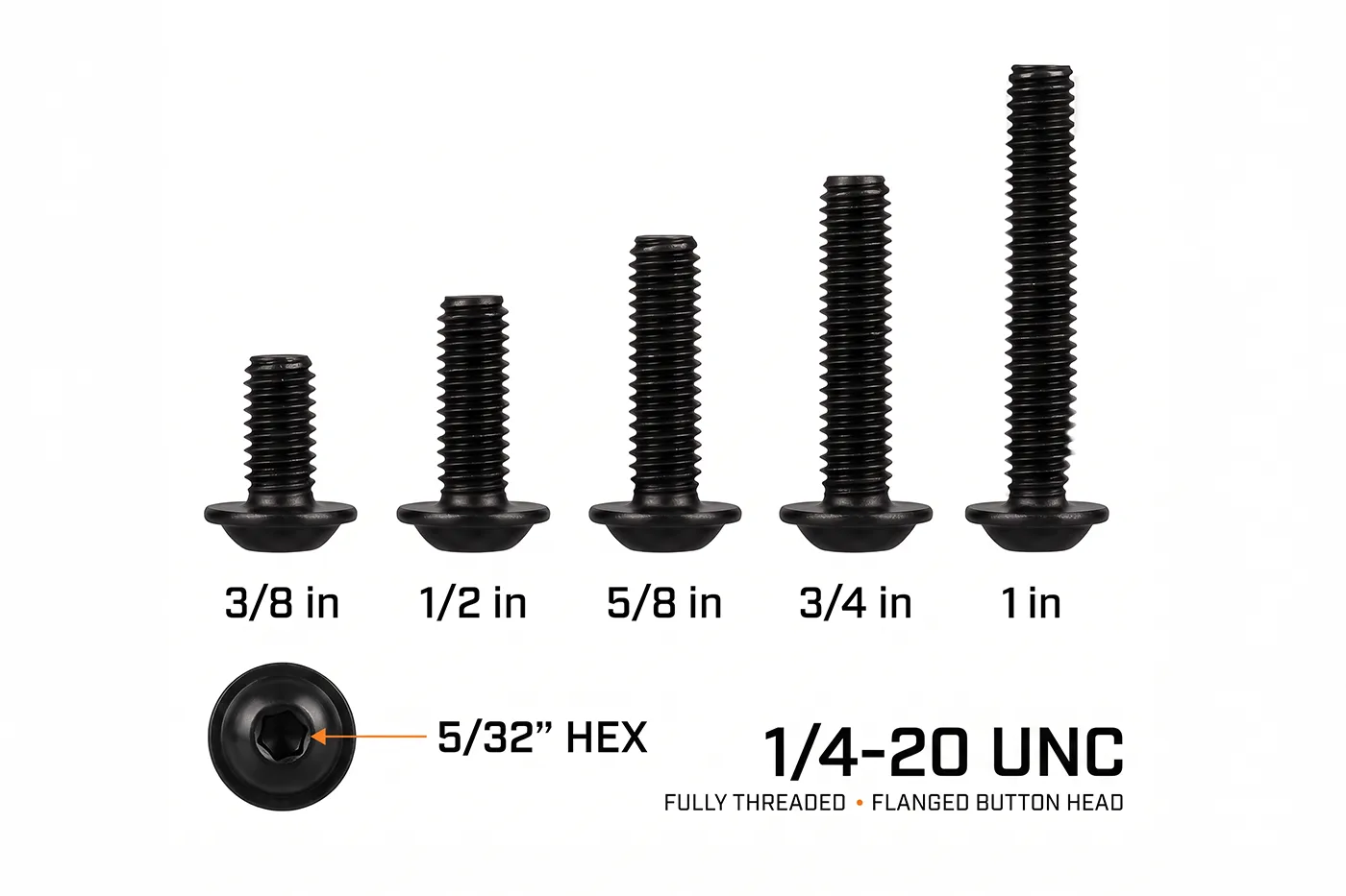 Orion Van Gear black 316 stainless steel 1/4-20 flanged button head socket screws showing key product advantages and 5 available lengths from 3/8 in to 1 in.