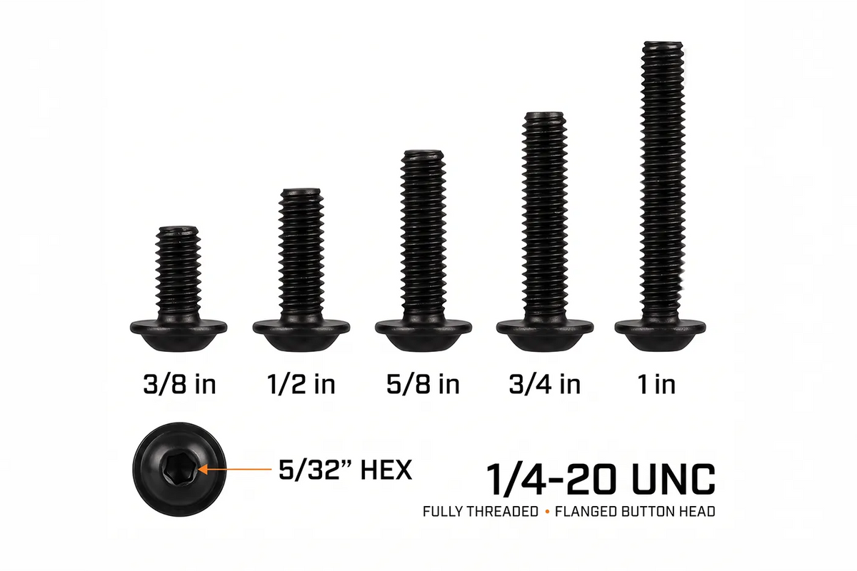 Orion Van Gear black 316 stainless steel 1/4-20 flanged button head socket screws showing key product advantages and 5 available lengths from 3/8 in to 1 in.