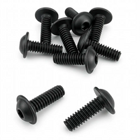 Orion Van Gear black 316 stainless steel 1/4-20 flanged button head socket screw shown from multiple angles to highlight the flange head, hex drive, and full threading.