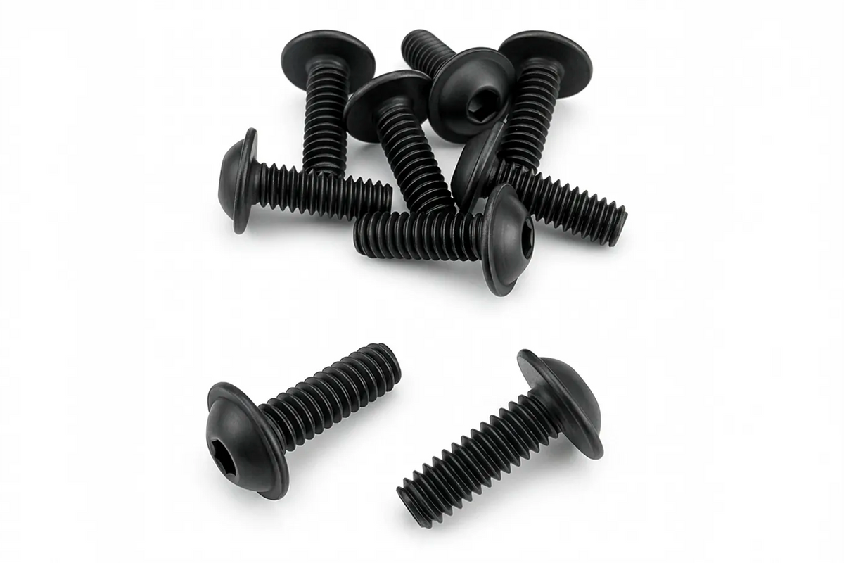 Orion Van Gear black 316 stainless steel 1/4-20 flanged button head socket screw shown from multiple angles to highlight the flange head, hex drive, and full threading.