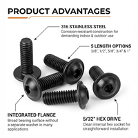 Orion Van Gear black 316 stainless steel 1/4-20 flanged button head socket screws showing key product advantages including corrosion resistance, integrated flange head, full threading, and 5/32 in hex drive.