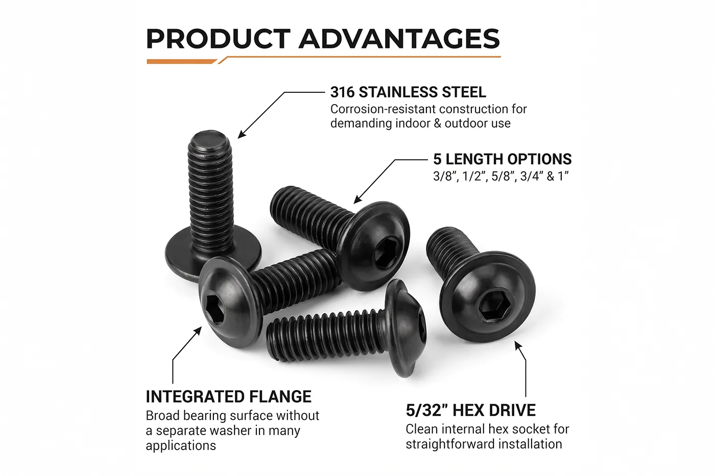 Orion Van Gear black 316 stainless steel 1/4-20 flanged button head socket screws showing key product advantages including corrosion resistance, integrated flange head, full threading, and 5/32 in hex drive.