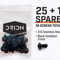 Orion Van Gear black 316 stainless steel 1/4-20 flanged button head socket screws in resealable bag, 25 screws plus 1 spare, 26 total.