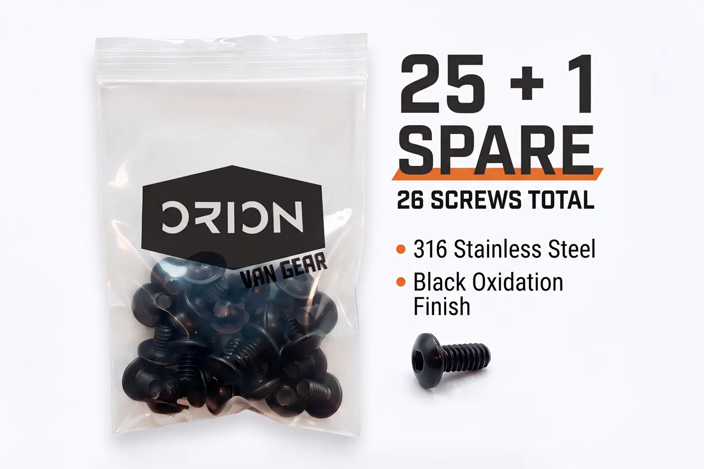 Orion Van Gear black 316 stainless steel 1/4-20 flanged button head socket screws in resealable bag, 25 screws plus 1 spare, 26 total.