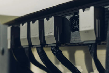Close-up of EcoFlow battery and AC output cable connections on the Power Hub system.