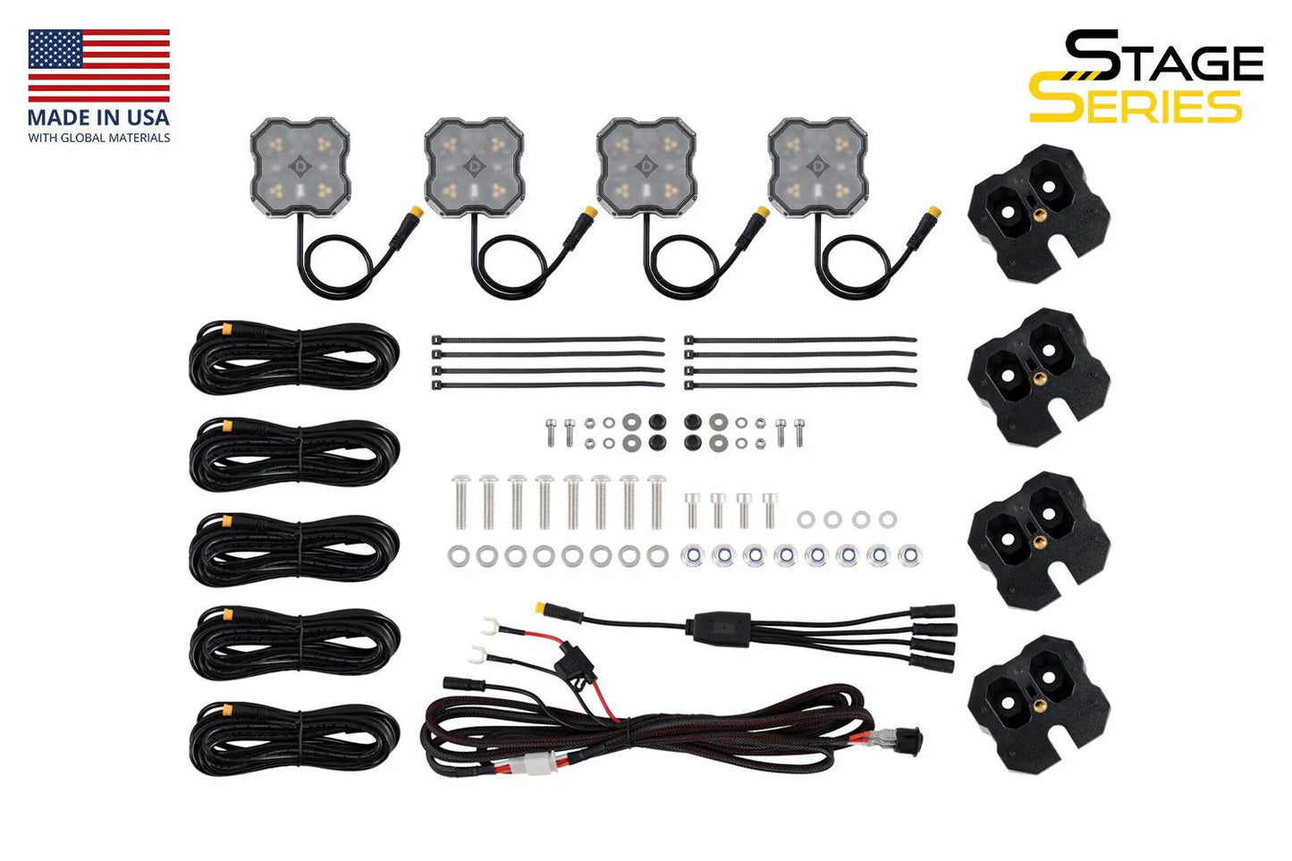 Automotive lighting components including LED lights, wiring harnesses, and mounting hardware on a white background with 'Stage Series' branding.