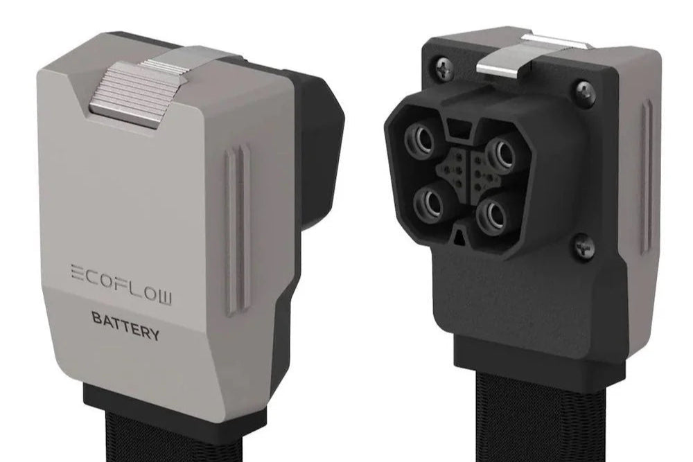 EcoFlow LFP battery power cable showing male and female connector ends